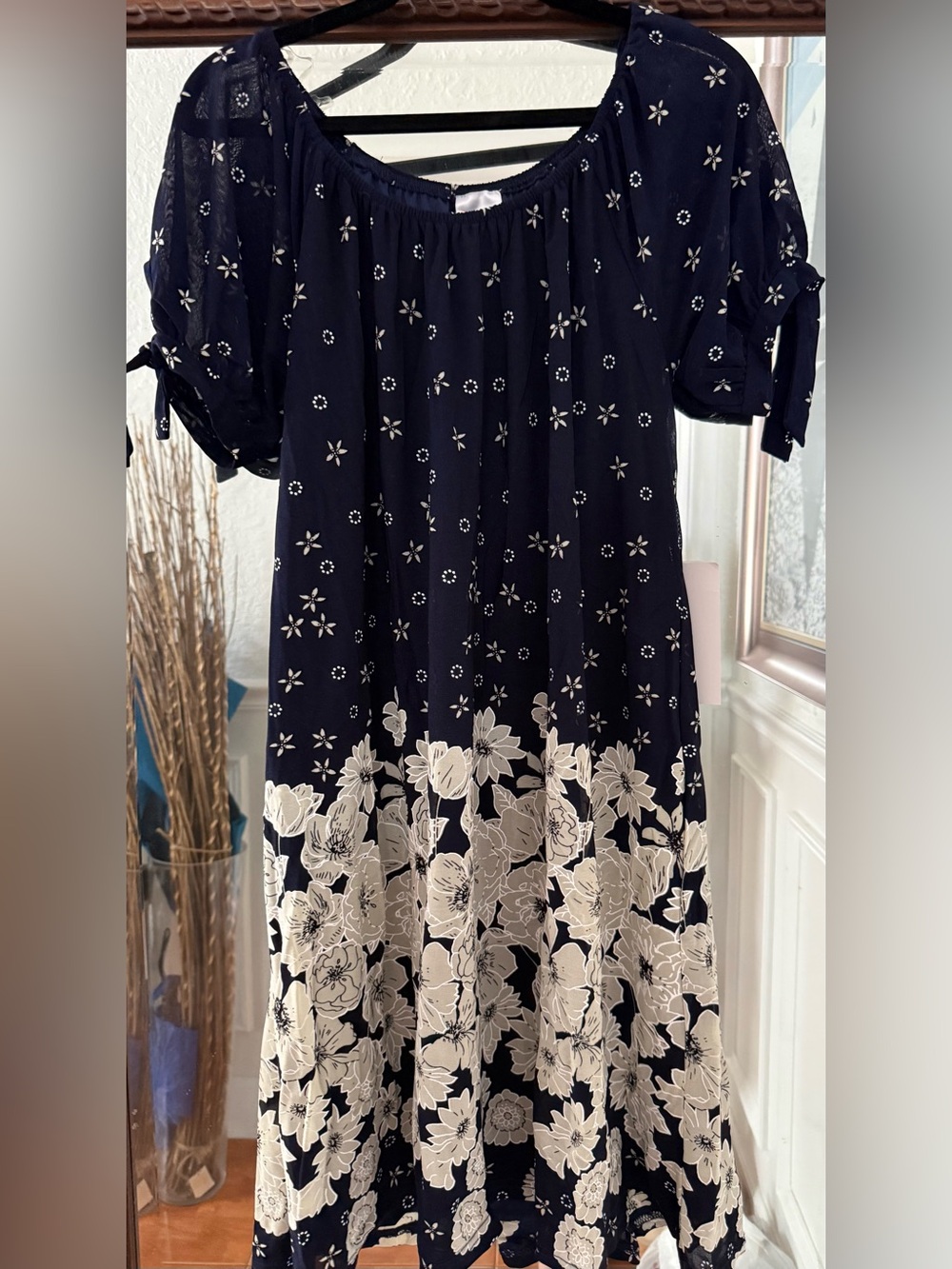 Women Navy and Cream Floral Off-Shoulder Dress